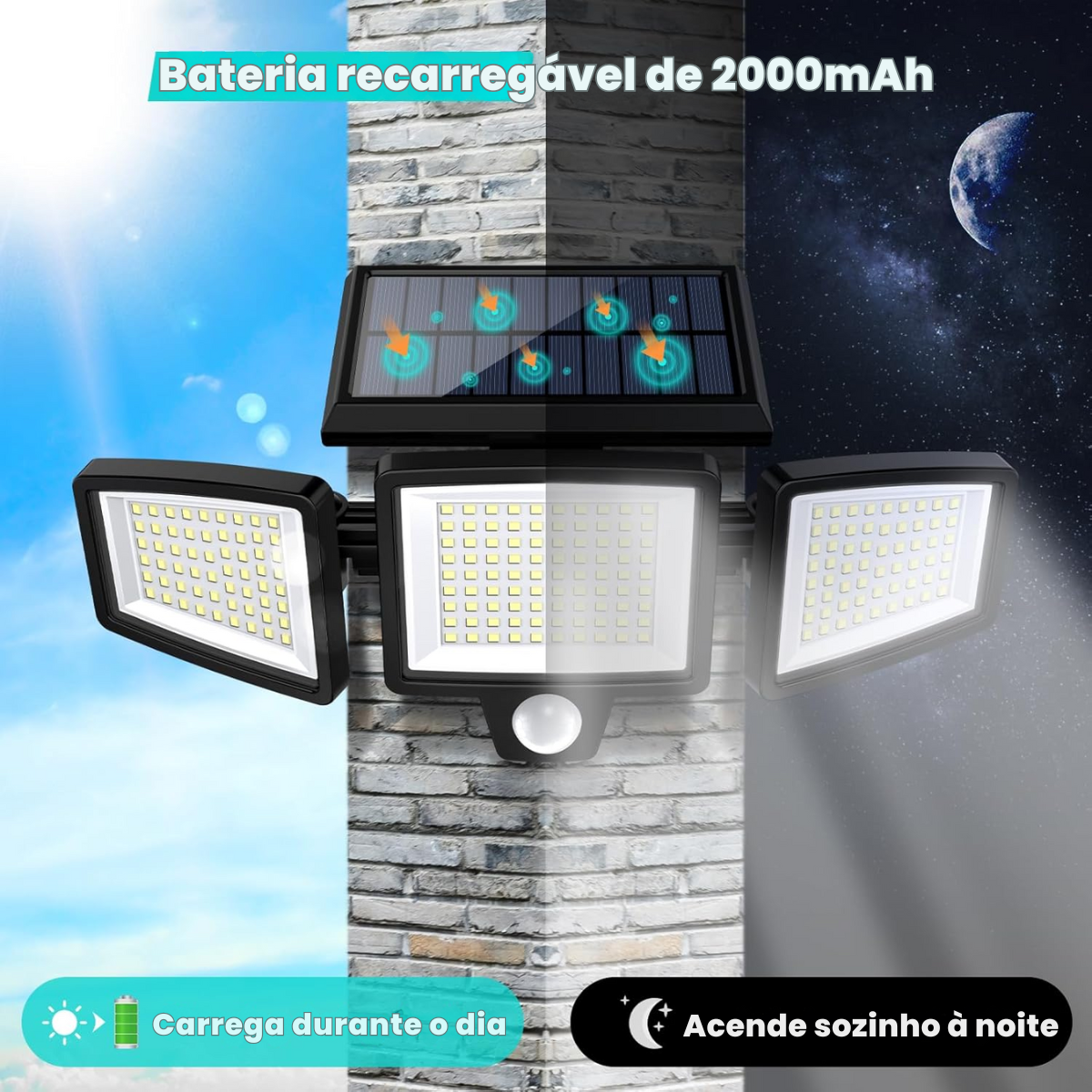 Refletor Solar 2500 lm 3 Cabeças c/ Sensor & Controle | TriRay™