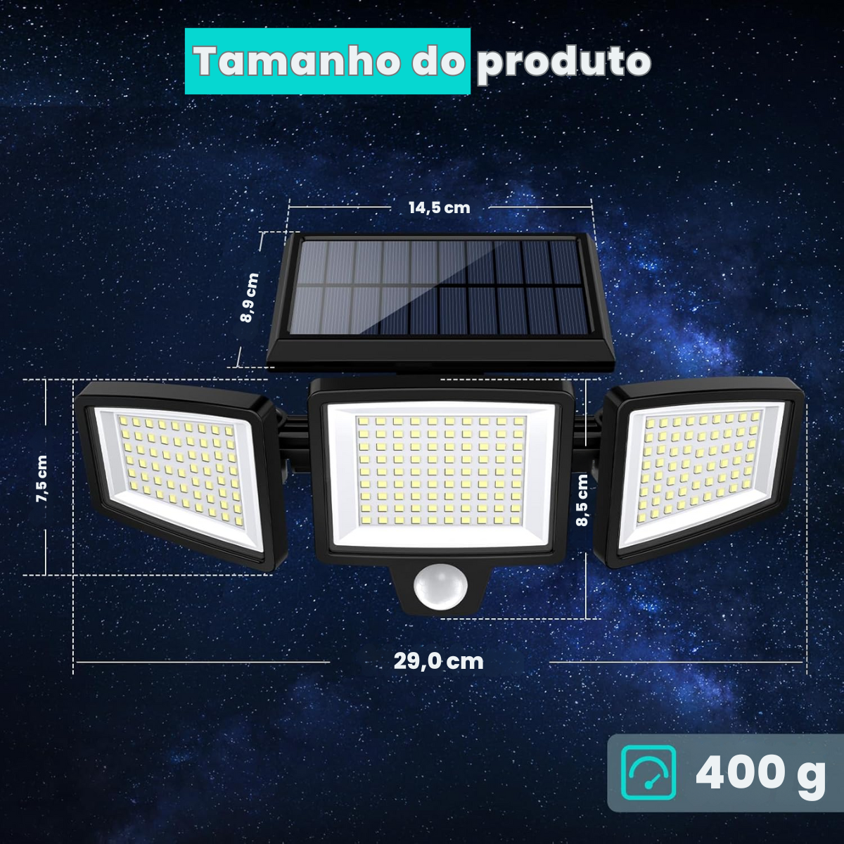 Refletor Solar 2500 lm 3 Cabeças c/ Sensor & Controle | TriRay™